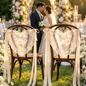 Gepersonaliseerde kanten stoelstrik met 'Just Married'-opdruk | Stoelbanner voor bruid en bruidegroom op maat, boho schuurdecoratie voor bruiloftsstoelen, accessoire voor trouwfoto's afbeelding 15