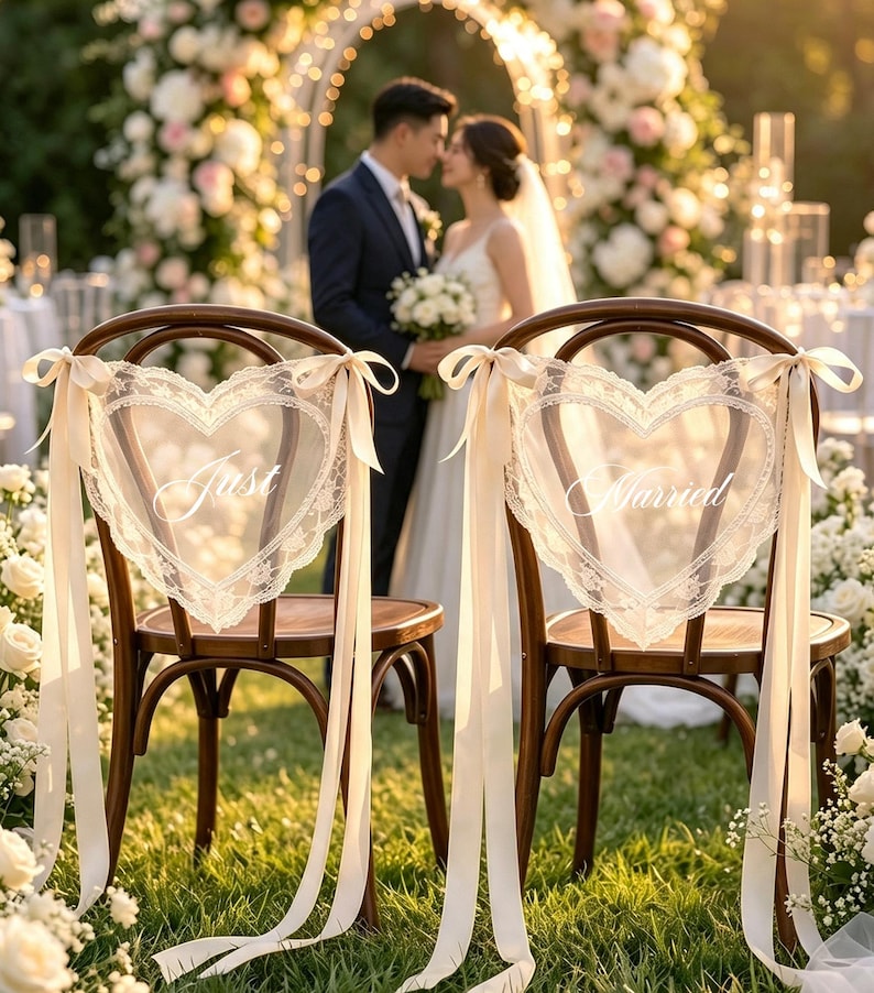 Gepersonaliseerde kanten stoelstrik met 'Just Married'-opdruk | Stoelbanner voor bruid en bruidegroom op maat, boho schuurdecoratie voor bruiloftsstoelen, accessoire voor trouwfoto's afbeelding 15