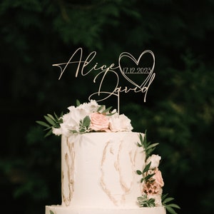 Topper per torta nuziale personalizzato con cuore, Topper per torta con script di coppie personalizzate per matrimoni, topper per torta rustico, toppers per torta di anniversario