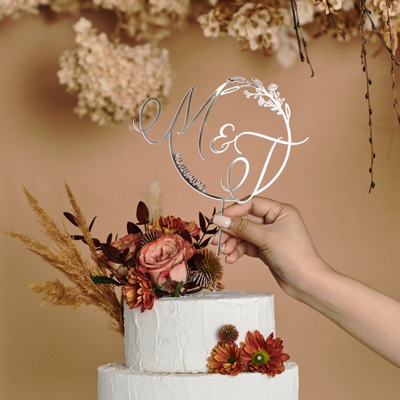 Décorations de gâteau de mariage initiales personnalisées, décorations de gâteau vintage dorées, décorations de gâteau de mariage rustiques, décorations de mariage cadeau d'anniversaire rétro Silver Mirror
