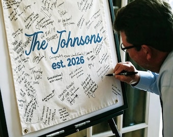 Banner de lona bordado em ponto corrente estilo boho para livro de assinaturas de casamento, lembrança personalizada com sobrenome costurado à mão.