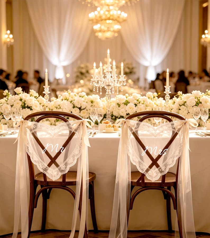 Gepersonaliseerde kanten stoelstrik met 'Just Married'-opdruk | Stoelbanner voor bruid en bruidegroom op maat, boho schuurdecoratie voor bruiloftsstoelen, accessoire voor trouwfoto's afbeelding 16