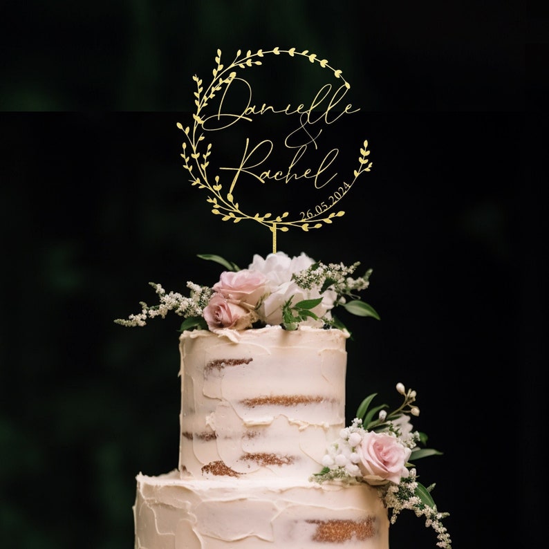 Décoration de gâteau de mariage or avec fleurs, décoration de gâteau de couple personnalisée pour mariages, décoration de gâteau rustique, décoration de gâteau d'anniversaire Gold