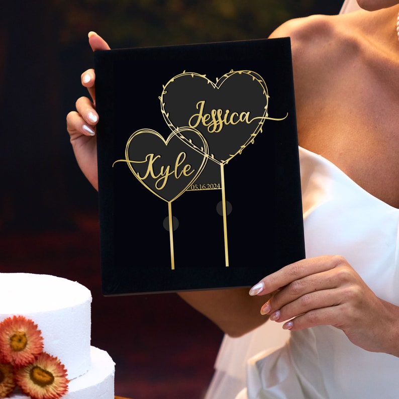 Cake Toppers with with heart and date, Gold Wedding Vintage Cake Toppers, Anniversary Gift Wedding Decorations, Rustic Cake Toppers image 4