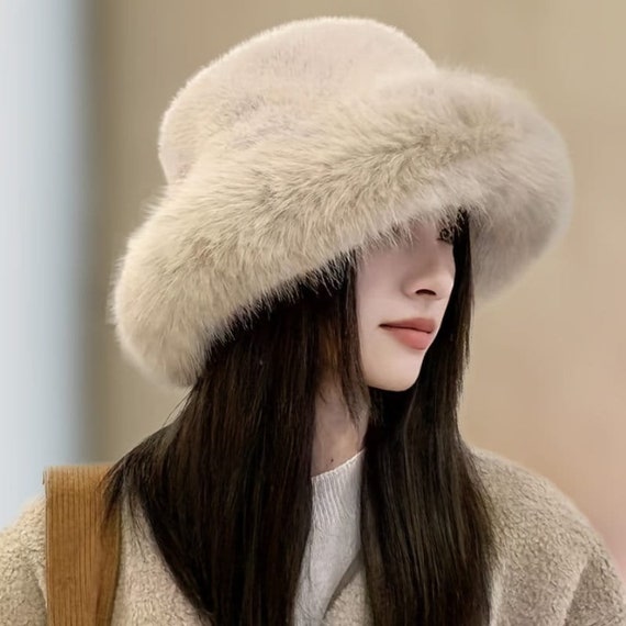 Fluffy Faux Fur Winter Oversized Bucket Hat for Women, Cloche Hat Women,  Female Winter Hat, Women Winter Hats, Fur Hat for Women, Warm Hat 