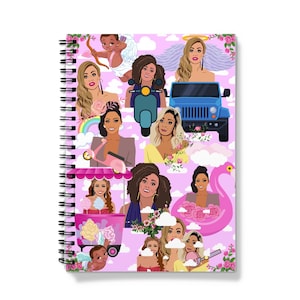 May include: A pink spiral notebook with a collage of illustrations featuring women, vehicles, and other objects. The illustrations include a pink scooter, a blue jeep, a pink flamingo float, and a cotton candy cart.