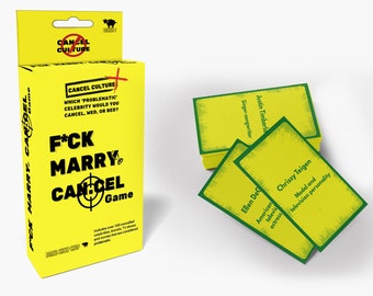 May include: A yellow box with the words "F*CK MARRY CANCEL" and a target symbol. The box contains a card game about cancel culture. The cards are green and yellow with the names of celebrities on them.