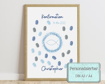 Fingerabdruckbild Fisch | Geschenk Kommunion | Geschenk Taufe | Geschenk Konfirmation | Geschenk Erstkommunion | Gästebuch |Personalisierbar