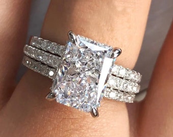 3.5 Ct Radiant Cut Moissanite Engagement Ring Set 14K Solid White Gold Bridal Wedding Ring Set Trio Bridal Set Ring Anniversary Gift For Her