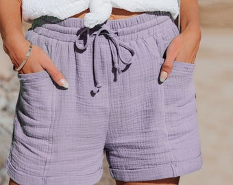 Short en mousseline pour femme | Short de cyclisme d'été 100 % coton avec poche | Taille haute décontractée unie | Doux et respirant| Cadeau pour elle