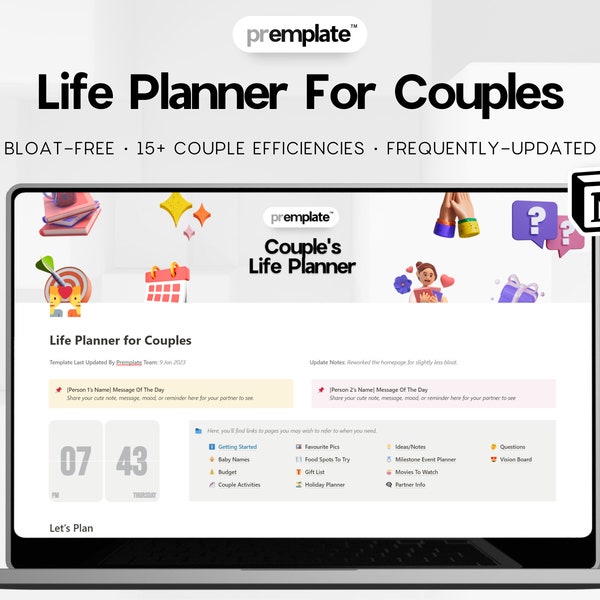 Life Planner for Couples (2023) | Notion Template | Daily Messages, Shared Calendar, To-Do's, Grocery/Shopping List, Budget, Lists, & More