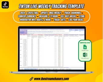 TikTok LIVE Weekly Reporting Google Sheets Tracker | 2024-2025 | Automatically Convert Currency/ROI | Compatible with GSheets/Excel