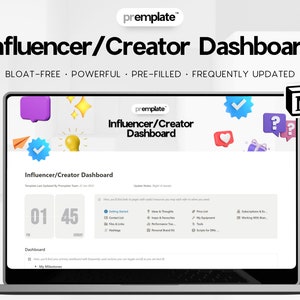 May include: A laptop computer screen displaying a dashboard for influencers and creators. The dashboard is titled "Influencer/Creator Dashboard" and features a checklist of items to help manage an influencer's business. The dashboard is designed in a light blue and white colour scheme with a modern, clean aesthetic. The laptop is on a white surface with a white background.