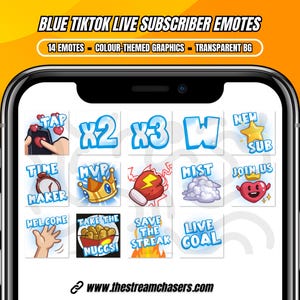 May include: A blue phone screen displaying 14 different animated emojis. The emojis are designed for use on TikTok live streams and include phrases like "Time Maker", "Take the Nugs", "Live Goal", and "New Sub".