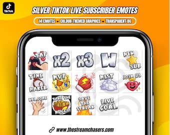 Emotes de suscriptores de TikTok LIVE en blanco y plateado / Gráficos de dibujos animados personalizados / Descarga PNG transparente / Perfecto para tu transmisión