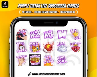 Emotes morados para suscriptores de TikTok LIVE / Gráficos de dibujos animados personalizados / Descargar PNG transparente / Perfecto para tu transmisión