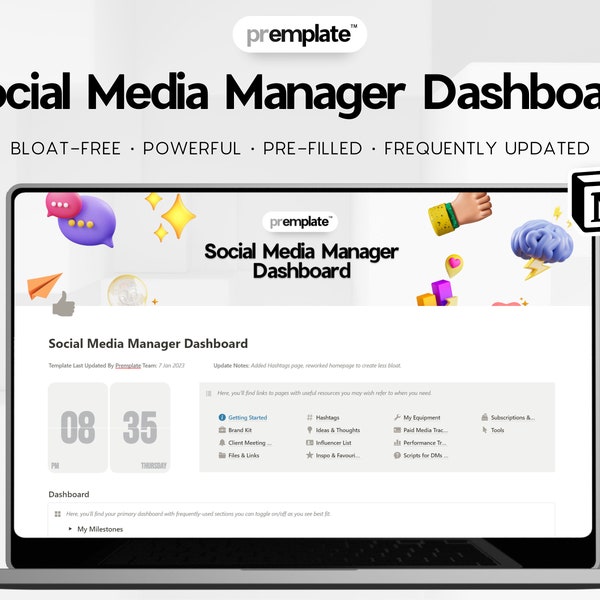Social Media Manager Dashboard and Planner (2023) | Notion Template | Content Planner, Influencer List, Ads Tracker, Scripts, and More