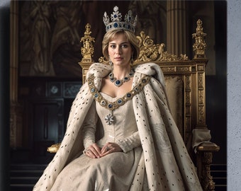 May include: A woman wearing a white gown with a gold and blue jeweled crown and a white fur-trimmed robe sits on a gold throne.