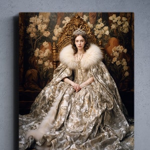 May include: A woman wearing a white and gold gown with a fur collar sits on a throne with a floral background.