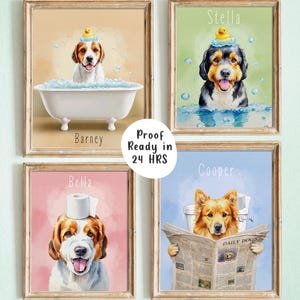 May include: Four framed watercolor prints of dogs in humorous situations. One dog is in a bathtub, another in water with a rubber ducky, a third with a toilet paper roll on its head, and the last reading a newspaper. Each print has a dog's name.