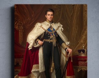 May include: A portrait of a person wearing a white and gold robe with a red lining. The person is standing in a room with a gold and red throne behind them. They are holding a scepter in their right hand and a crown is on a table in the background.