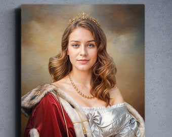 May include: A portrait of a person wearing a gold crown, a gold necklace, and a red and white gown. The person has long, wavy brown hair and is set against a blurred, neutral background. The artwork is a canvas print.