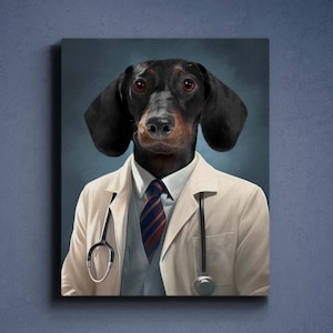 May include: A black and brown dachshund wearing a white doctor's coat with a stethoscope and a red and blue striped tie.