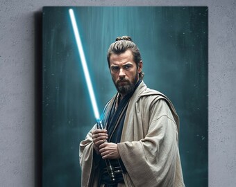 May include: A man with a beard and a bun in his hair is holding a blue lightsaber. He is wearing a light brown robe. The background is a blue and green gradient.