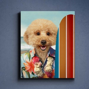 Aangepast strandhuisdierportret, aangepast huisdierportret, portret surferhuisdier, portret surferhond, koninklijk portret cadeau, gepersonaliseerd huisdierportret