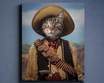 May include: A tabby cat wearing a brown cowboy hat and a tan vest with a brown leather belt and a gun holster. The cat has a red bandana around its neck.