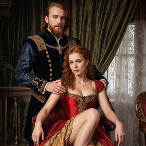 Op de afbeelding: Een stel in historische kleding, een man in een donkerblauw fluwelen jasje met gouden versieringen en een vrouw in een rood-gouden jurk, poseren voor een portret. De vrouw zit op een stoel met gekruiste benen en de man staat achter haar met zijn arm om haar middel.