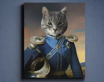 Custom Pet Portrait, Pet portraits, regal pet portrait, Regal military, royal Pet Portrait, unique gifts for pet owners, cat wall art