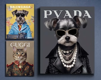 May include: Three images of dogs and cats dressed in designer clothing. The first image is a black and white dog wearing a blue jacket with the word "BALENCIAGA" above it. The second image is a black and white dog wearing a black leather jacket with the word "PRADA" above it. The third image is a tabby cat wearing a green and gold jacket with the word "GUGGI" above it.