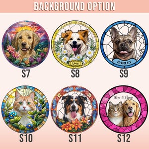 May include: Circular pet portraits with stained glass style designs. Each features a different dog or cat breed, with names like "Daisy" and "Barley" visible. The backgrounds include flowers and colorful patterns. The text "BACKGROUND OPTION" is at the top.