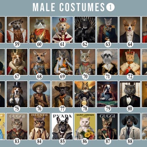 May include: A collage of 89 images featuring various dog and cat breeds dressed in different costumes. The images are arranged in a grid pattern with numbers 58 through 89 labeling each image.