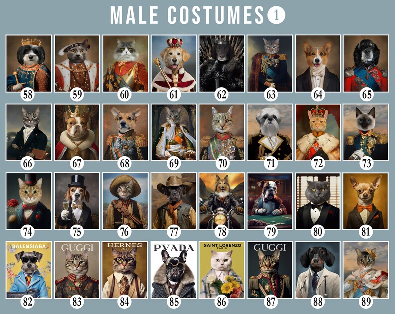 May include: A collage of 89 images featuring various dog and cat breeds dressed in different costumes. The images are arranged in a grid pattern with numbers 58 through 89 labeling each image.