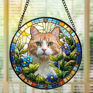 Cat suncatcher placed near a sunlit window, featuring bright feathers and vibrant colors Custom Pet Memorial Stained Glass Suncatcher, Loss of Pet Sympathy Gift, Custom Dog Portrait from Photo, Personalized Custom Art Suncatcher