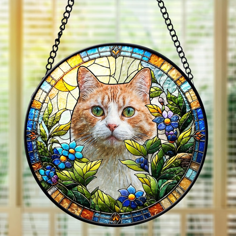 Cat suncatcher placed near a sunlit window, featuring bright feathers and vibrant colors Custom Pet Memorial Stained Glass Suncatcher, Loss of Pet Sympathy Gift, Custom Dog Portrait from Photo, Personalized Custom Art Suncatcher