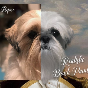 May include: Before and after image of a dog. The before image shows a brown and white Shih Tzu. The after image shows a realistic painting of the dog in a white and gold uniform with the text "Realistic Brush Painting".