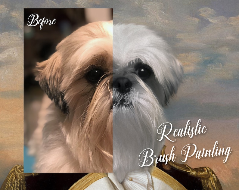 May include: Before and after image of a dog. The before image shows a brown and white Shih Tzu. The after image shows a realistic painting of the dog in a white and gold uniform with the text "Realistic Brush Painting".