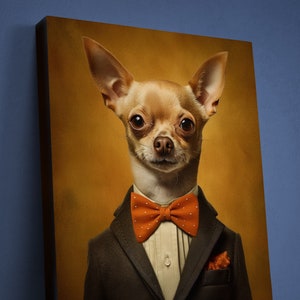 May include: A chihuahua wearing a brown suit with an orange bow tie. The dog is looking directly at the camera with a serious expression. The background is a yellow-gold color.