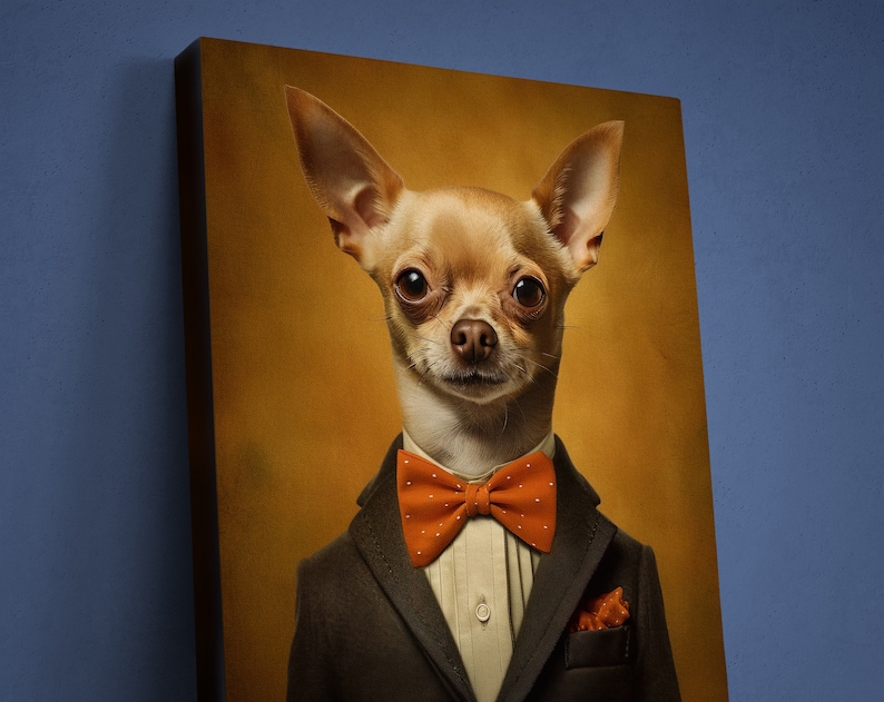 May include: A chihuahua wearing a brown suit with an orange bow tie. The dog is looking directly at the camera with a serious expression. The background is a yellow-gold color.