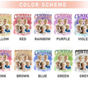 May include: A color scheme chart featuring portraits of children with the word "CUSTOM" above each image. The color options include yellow, red, rainbow, purple, violet, pink, brown, blue, green, and grey.