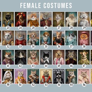 May include: A collage of 57 images featuring cats and dogs dressed in various costumes. The images are arranged in a grid with numbers below each image. The images are all in a similar style, with the animals looking directly at the camera. The costumes are all elaborate and whimsical, and include everything from royalty to superheroes.