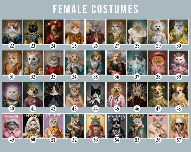 May include: A collage of 57 images featuring cats and dogs dressed in various costumes. The images are arranged in a grid with numbers below each image. The images are all in a similar style, with the animals looking directly at the camera. The costumes are all elaborate and whimsical, and include everything from royalty to superheroes.