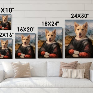 May include: A comparison of different sizes of canvas prints featuring a dog in a Renaissance-style painting. The dog is wearing a red and black outfit and has a neutral expression. The sizes shown are 8x10 inches, 12x16 inches, 16x20 inches, 18x24 inches, and 24x30 inches.