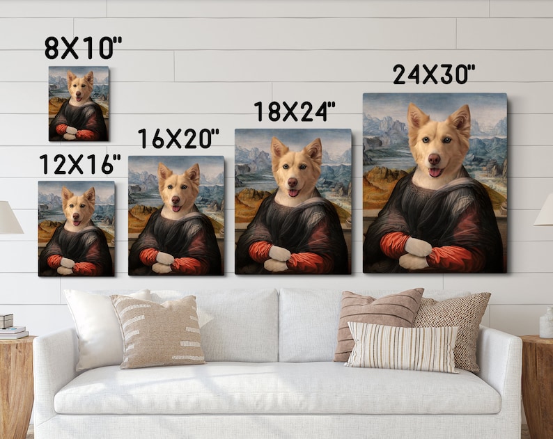 May include: A comparison of different sizes of canvas prints featuring a dog in a Renaissance-style painting. The dog is wearing a red and black outfit and has a neutral expression. The sizes shown are 8x10 inches, 12x16 inches, 16x20 inches, 18x24 inches, and 24x30 inches.