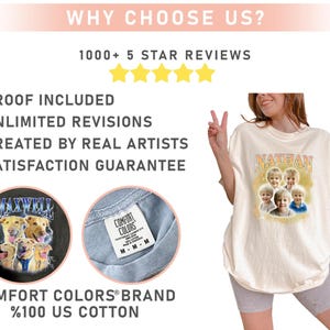 May include: Cream-colored t-shirt with a graphic of five children's faces and the name "NATHAN" in a vintage style. The shirt is part of the Comfort Colors brand, made of 100% US cotton. The image also includes text about the brand and customer satisfaction.