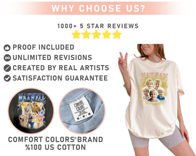 May include: Cream-colored t-shirt with a graphic of five children's faces and the name "NATHAN" in a vintage style. The shirt is part of the Comfort Colors brand, made of 100% US cotton. The image also includes text about the brand and customer satisfaction.