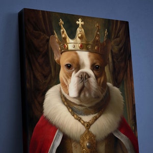 May include: A French Bulldog wearing a gold crown and a red and white robe. The dog is looking directly at the viewer.